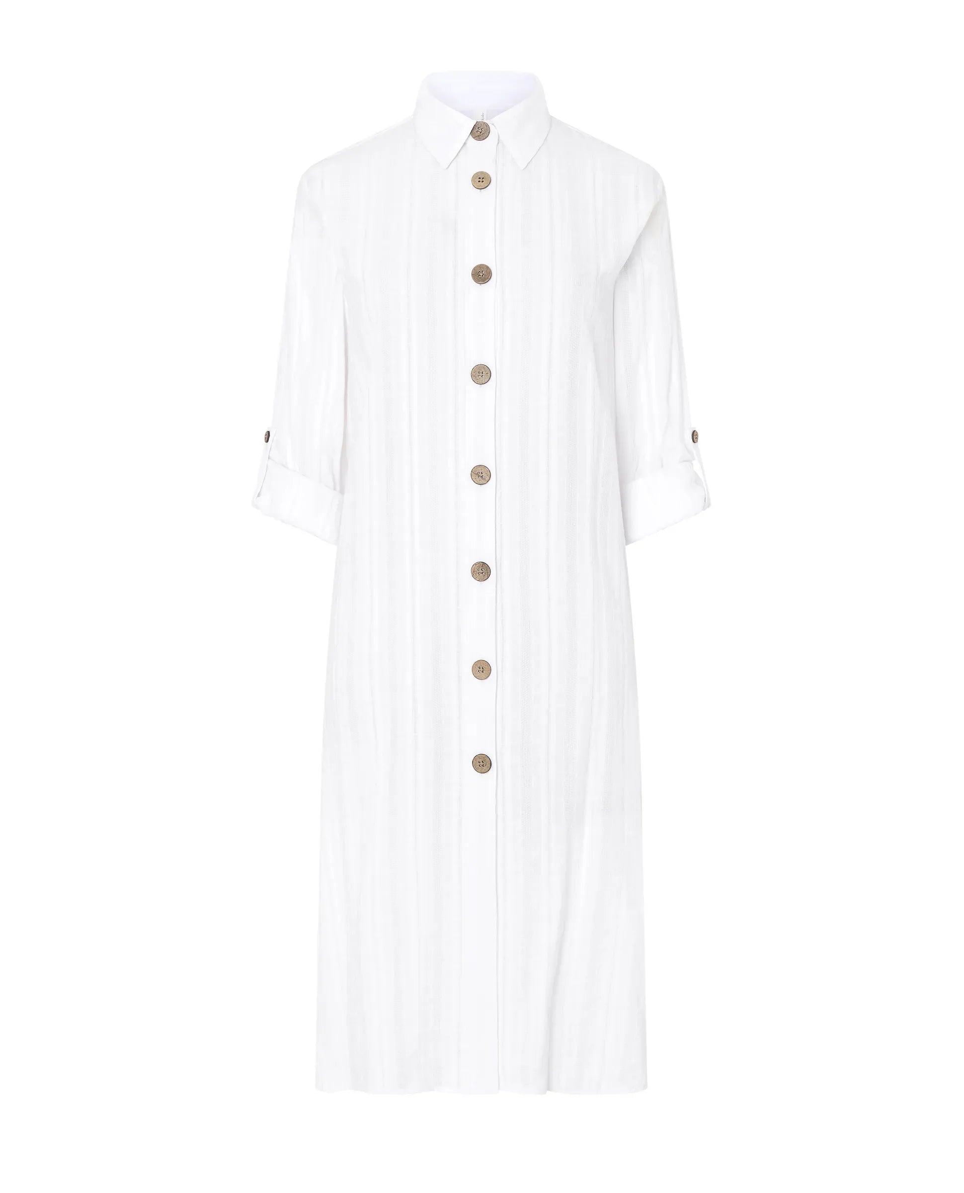 Vestido largo de algodón viscosa blanco con bordado manga larga y cuello camisero