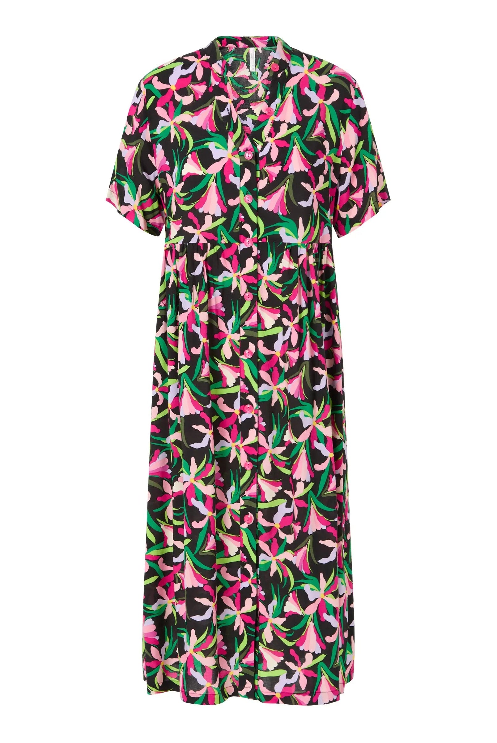 Vestido largo de mujer, abierto con botones, estampado flores, manga corta, bolsillos laterales.