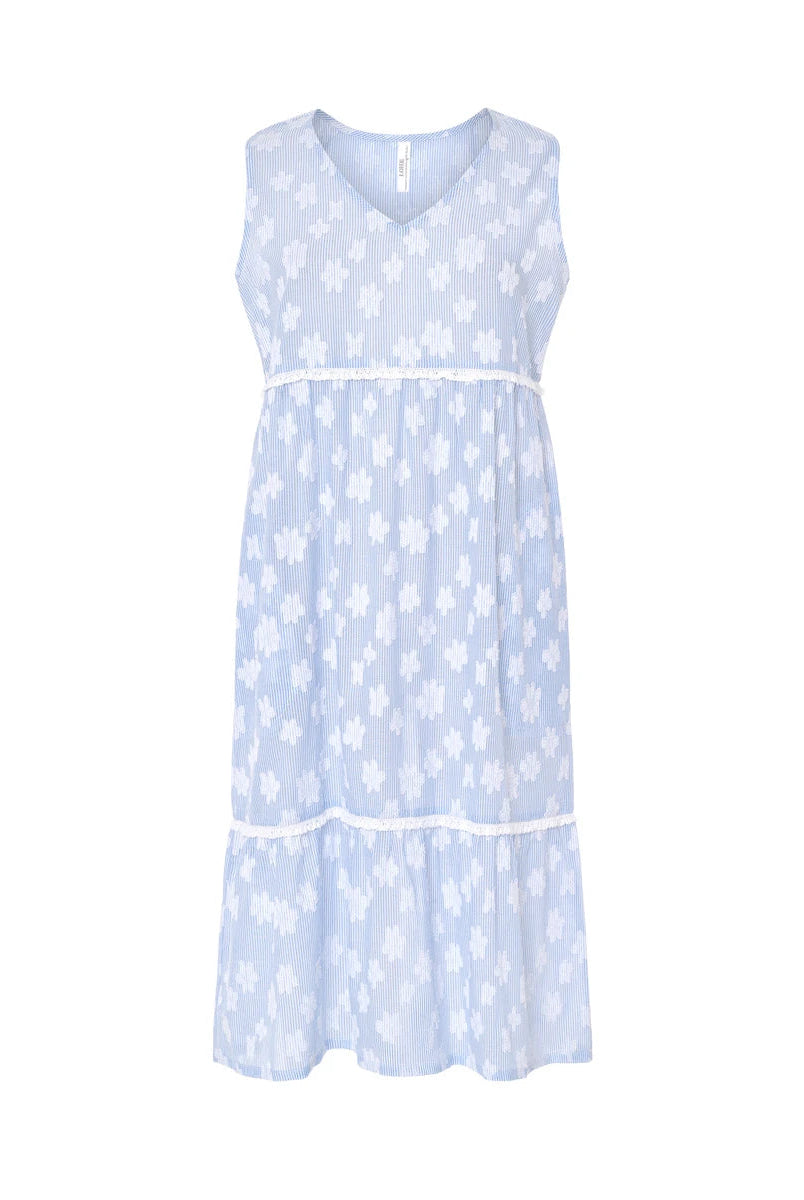 Vestido de baño de mujer corto sin mangas con cuello pico, dibujo flocado flores y puntilla, bolsillos laterales.
