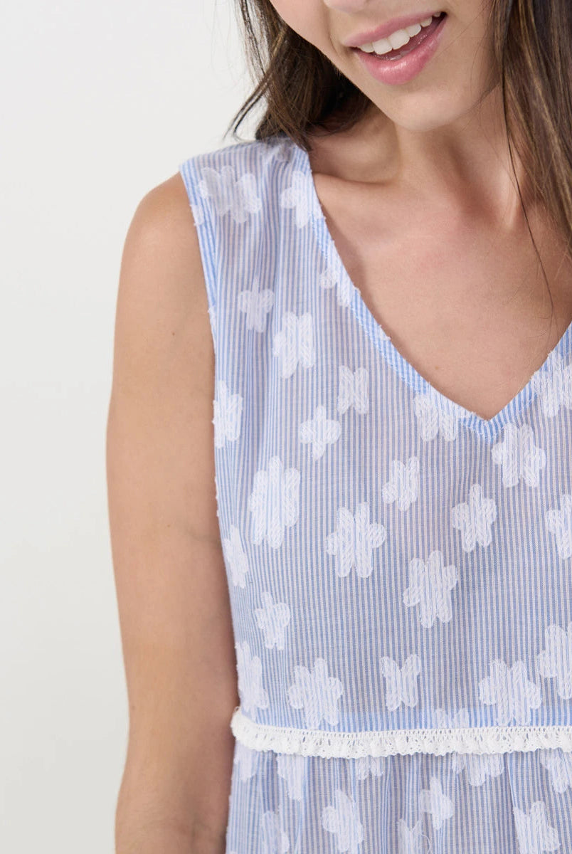 Vista detalle del cuello pico con dibujo flocado flores y puntilla