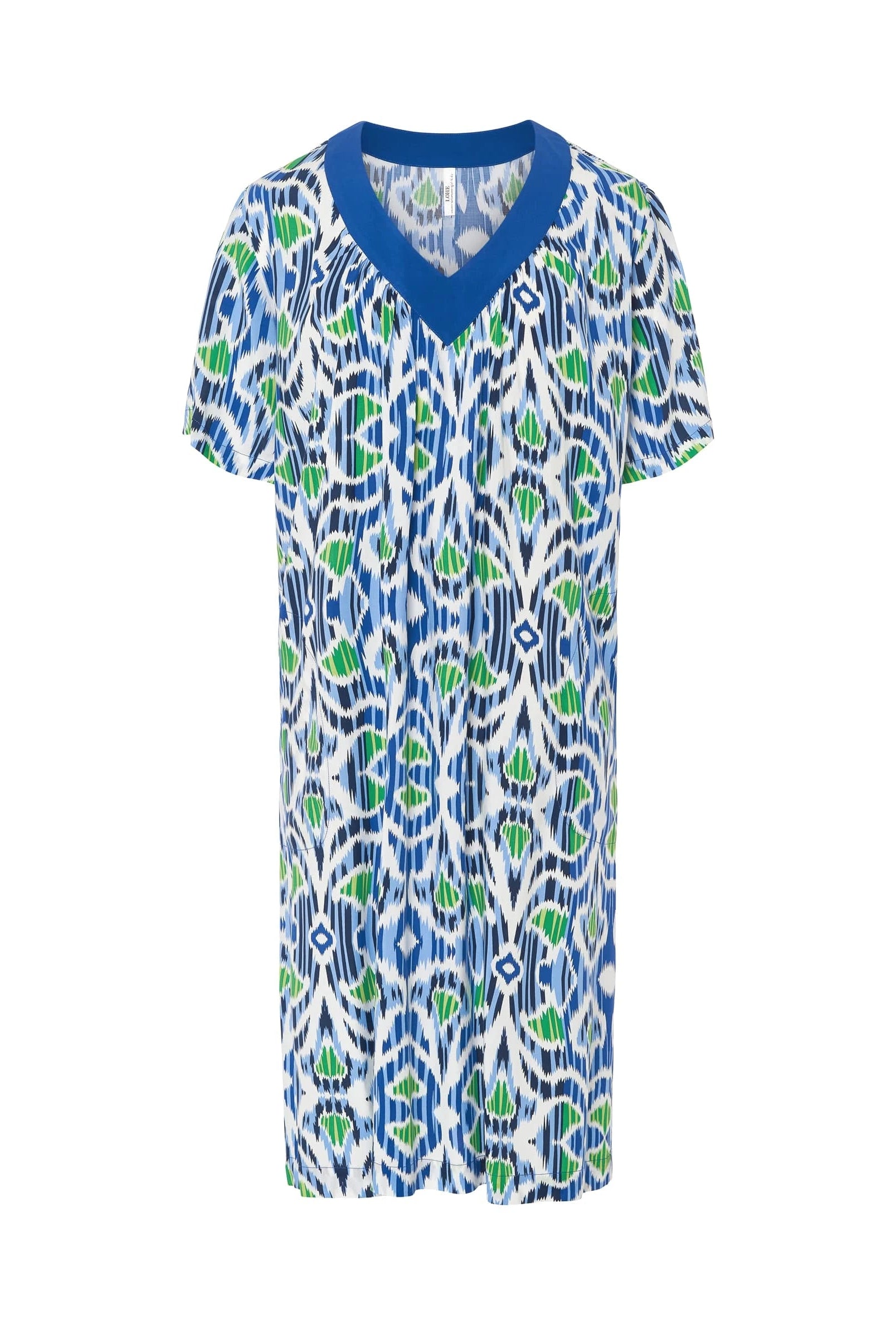Vestido de baño de mujer corto de manga corta en plana estampado étnico, escote pico ancho y bolsillos laterales.