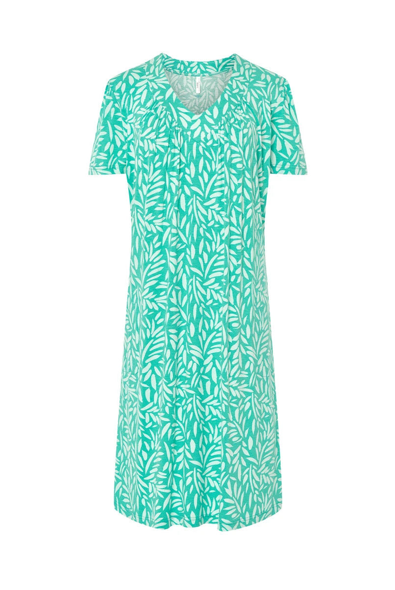 Vestido de baño de mujer corto de manga corta en plana estampado de hojas blancas con escote pico y bolsillos laterales