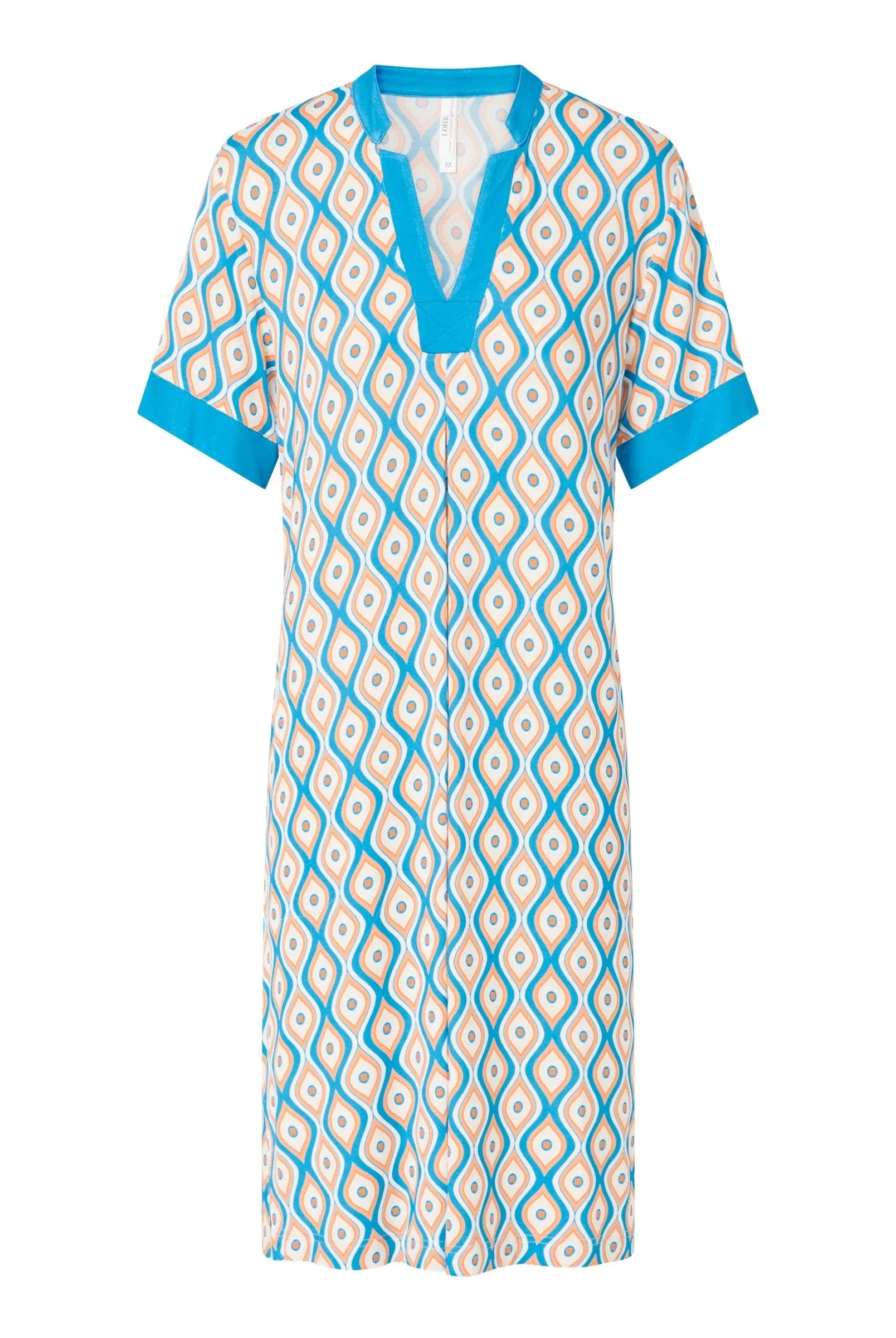 Vestido corto de mujer, estampado geométrico, manga corta, cuello pico.