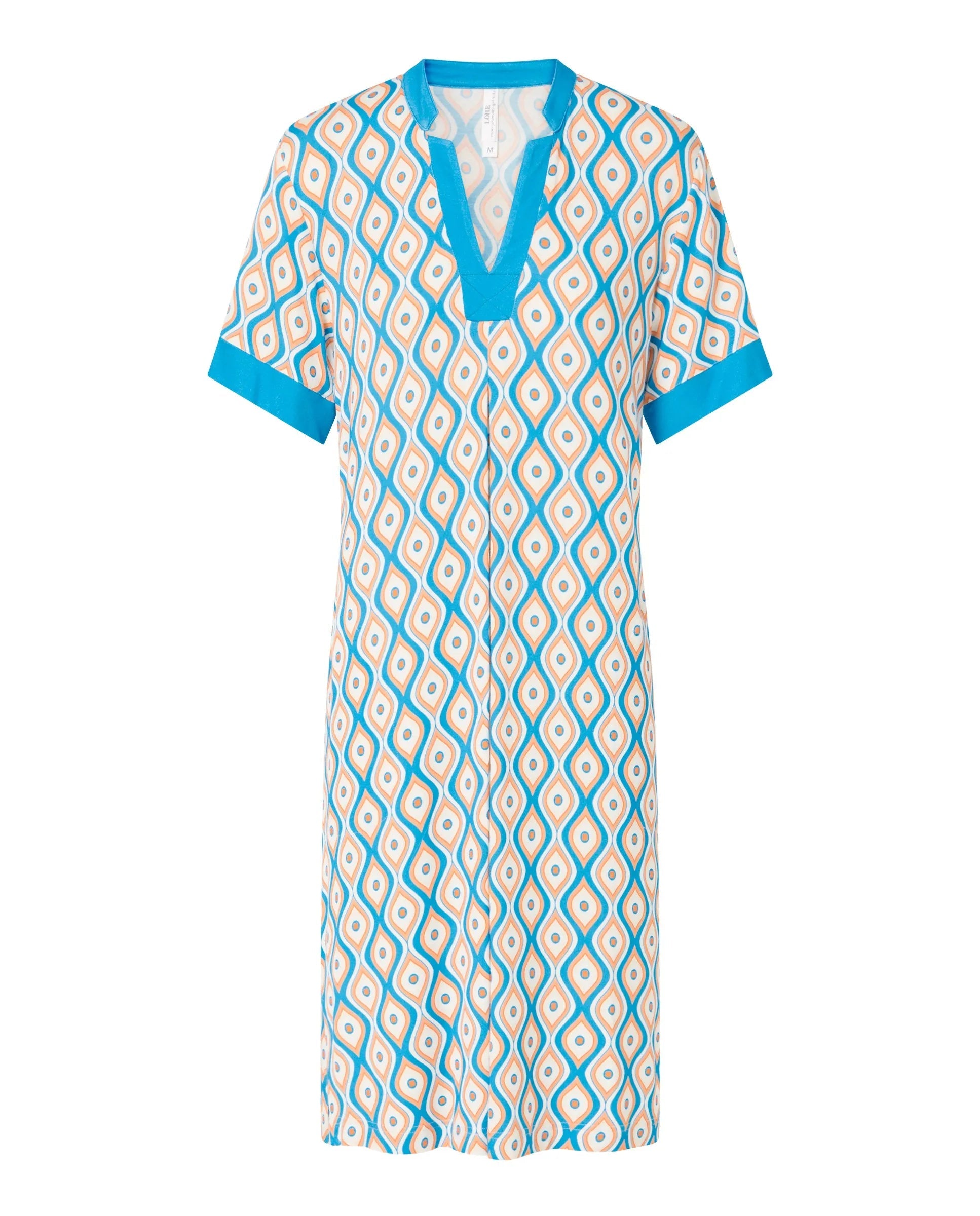 Vestido corto de mujer, estampado geométrico, manga corta, cuello pico.
