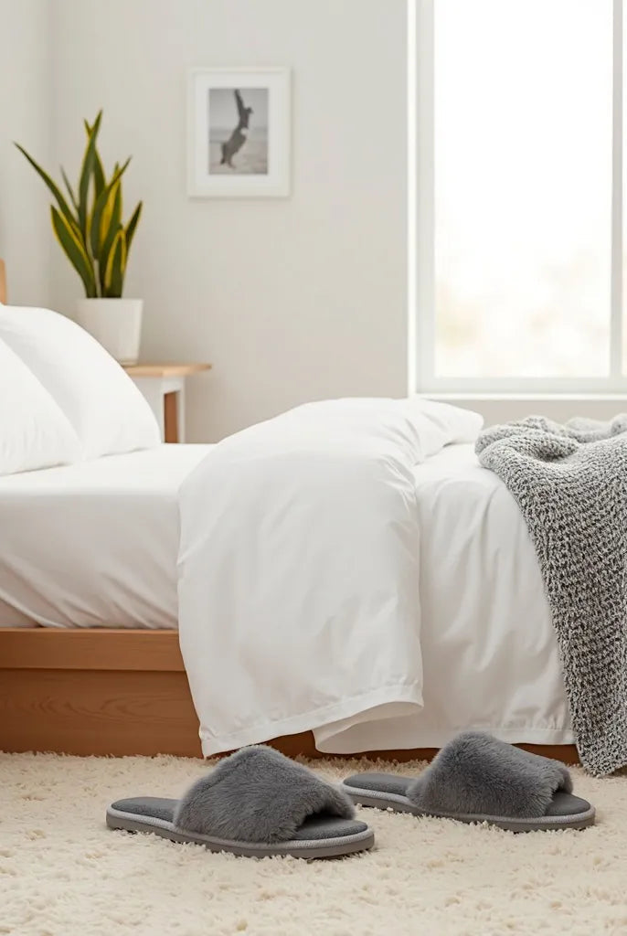 Escena de dormitorio moderno con zaptillas de casa grises abiertas estilo pantuflas al pie de la cama