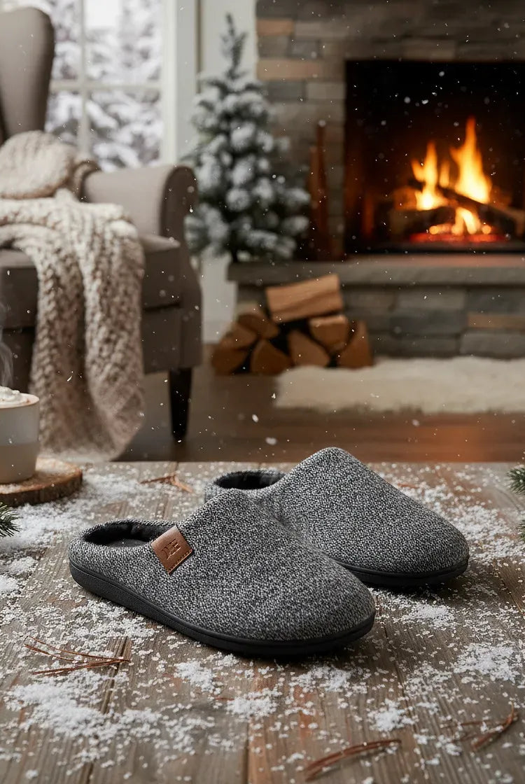 Pantuflas grises sobre suelo de madera en salón navideño