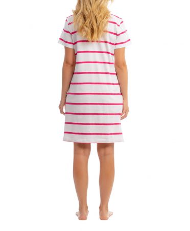 Rear view of woman in fuchsia striped short summer nightgown