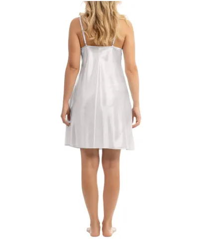 Woman in grey satin nightdress with detail on neckline and straps