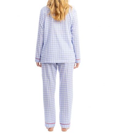 Rear view of Lohe two-piece long pyjamas in cotton plumeti chequered pattern