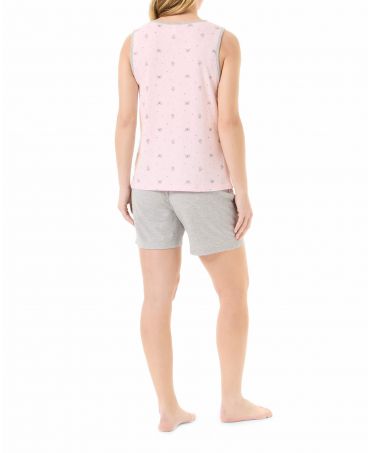 Vista trasera de pijama de verano sin mangas gris y rosa