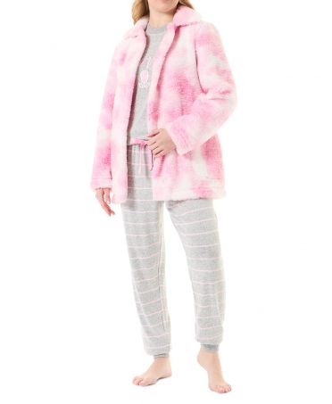 Woman in pink three-piece set in sheepskin and striped pyjamas
