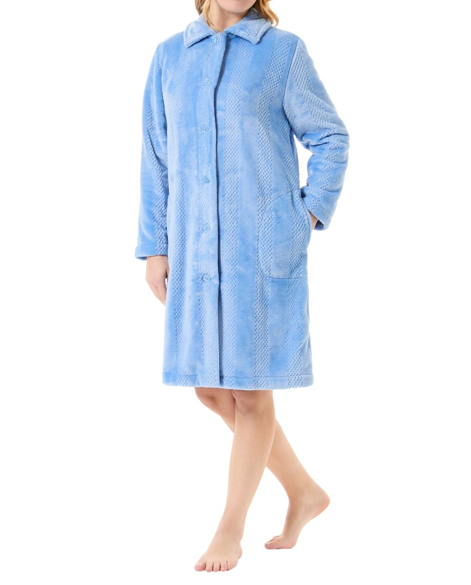 Women's blue striped jacquard woven long dressing gown with side pockets.