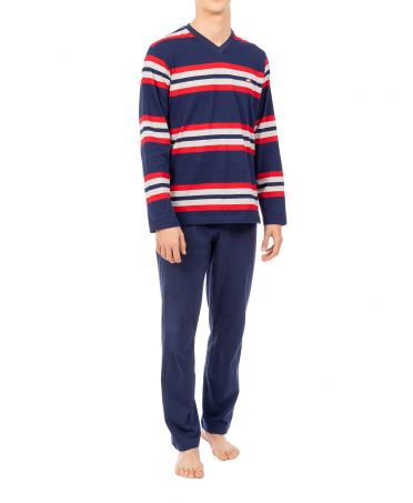 Men's winter long pyjamas with red stripes, V-neck