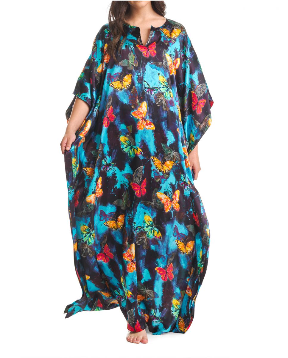 Kaftan de seda natural y manga mariposa estampado de mariposas multicolor