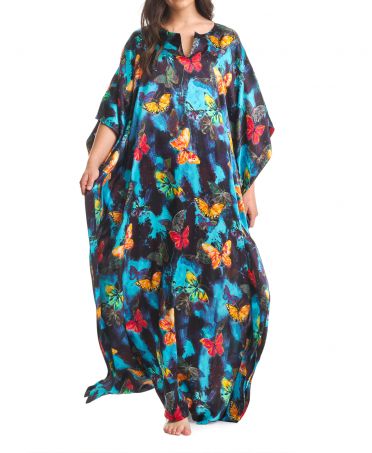 Kaftan de seda natural y manga mariposa estampado de mariposas multicolor