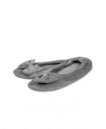 Women's grey velvet slippers with bow embellishment.