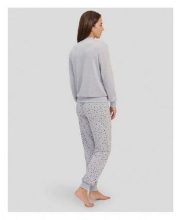 Rear view of women's grey long sleeve winter pyjamas with light blue cuffs and details