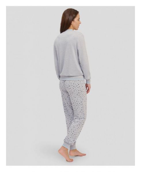 Rear view of women's grey long sleeve winter pyjamas with light blue cuffs and details