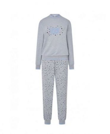 Women's long pyjamas, jacket with embroidery, long sleeves and cuffs, round neck, long trousers with pockets and cuffs.