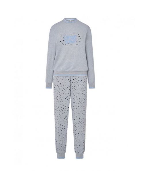 Women's long pyjamas, jacket with embroidery, long sleeves and cuffs, round neck, long trousers with pockets and cuffs.