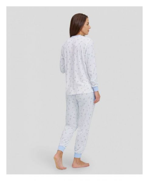 Rear view of women's winter pyjamas white with heart print and cuffs