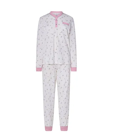 Women's long winter pyjamas with pink hearts and cuffs