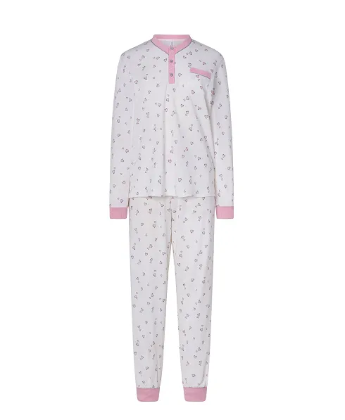 Women's long winter pyjamas with pink hearts and cuffs