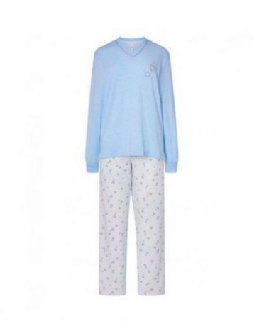 Women's pyjamas with light blue long sleeves with cuffs and v-neck and matching hearts long trousers