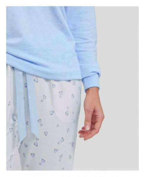 Detail view of adjustable waistband of pyjama trousers with light blue satin ribbon