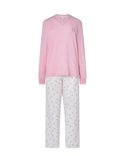 Women's pink long sleeved pyjamas with cuffs and v-neck and matching long trousers hearts