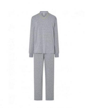 Women's long pyjamas, diamond pattern jacket, V-neck, long sleeves with cuffs, diamond pattern trousers.