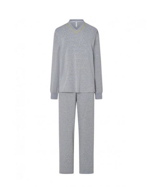 Women's long pyjamas, diamond pattern jacket, V-neck, long sleeves with cuffs, diamond pattern trousers.