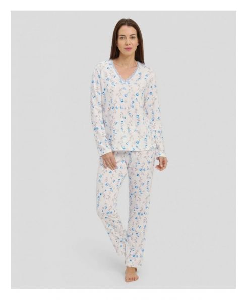 Women's long-sleeved winter pyjamas with light blue floral print and V-neck with lace trimming