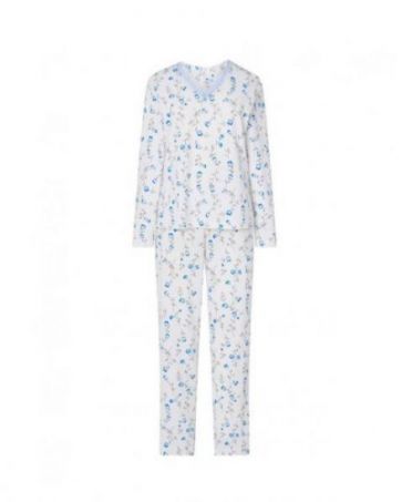 Women's long pyjamas, light blue floral jacket, V-neck with lace, long floral trousers.