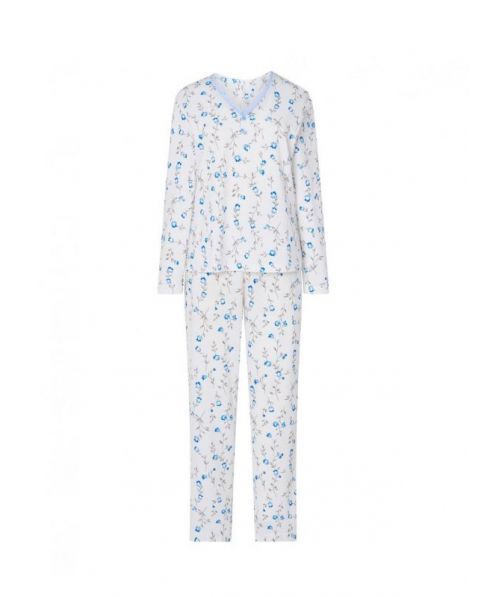 Women's long pyjamas, light blue floral jacket, V-neck with lace, long floral trousers.