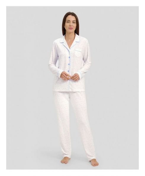 Woman in open shirt pyjamas with long sleeves and light blue heart print