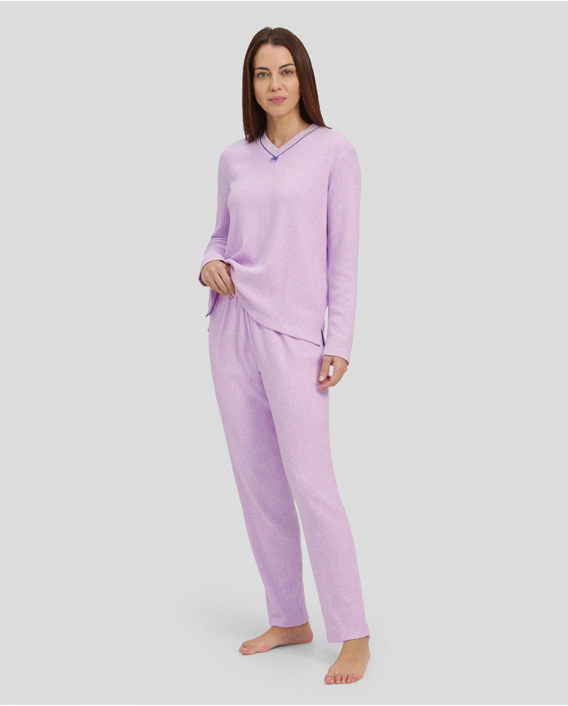 Women's winter pyjamas long ribbed mauve V-neck mauve