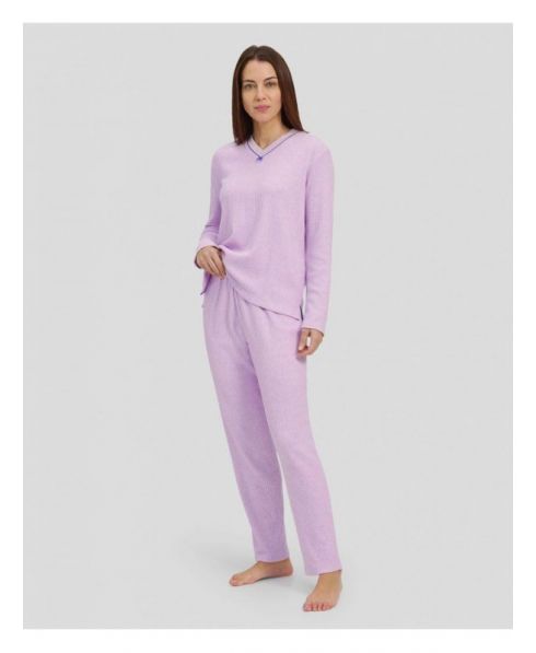 Women's winter pyjamas long ribbed mauve V-neck mauve