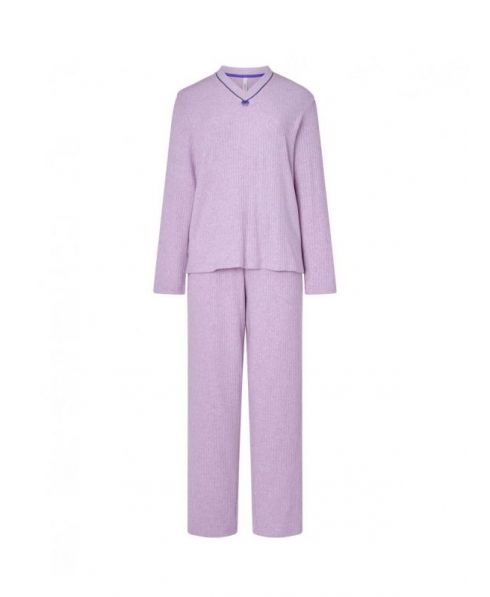 Lohe women's long pyjamas, ribbed jacket, V-neck with bow trim, ribbed long trousers.