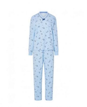 Women's long pyjamas, jacket with star print, V-neck with bow trim, long trousers with star print.