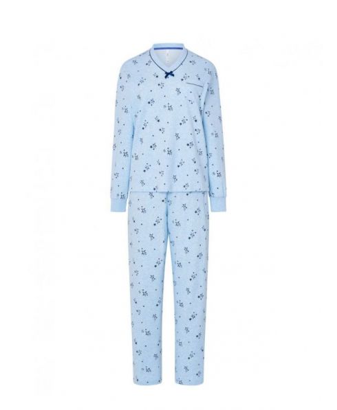 Women's long pyjamas, jacket with star print, V-neck with bow trim, long trousers with star print.