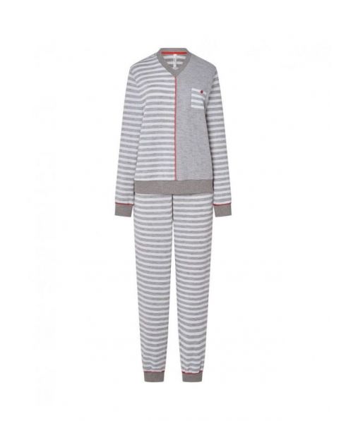 Women's long pyjamas, combined jacket in stripes and plain with cuffs, V-neck, long striped trousers with pockets and cuffs.