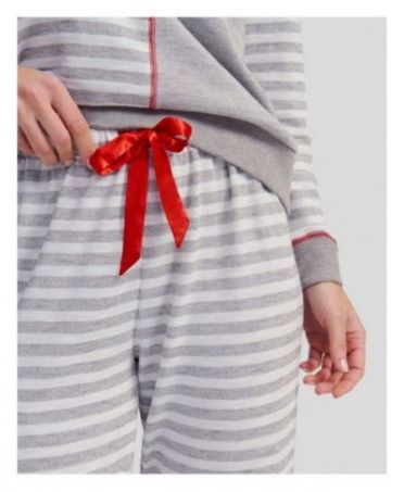 Detail view of adjustable waistband detail of women's winter pyjama trousers in grey striped with red satin ribbon