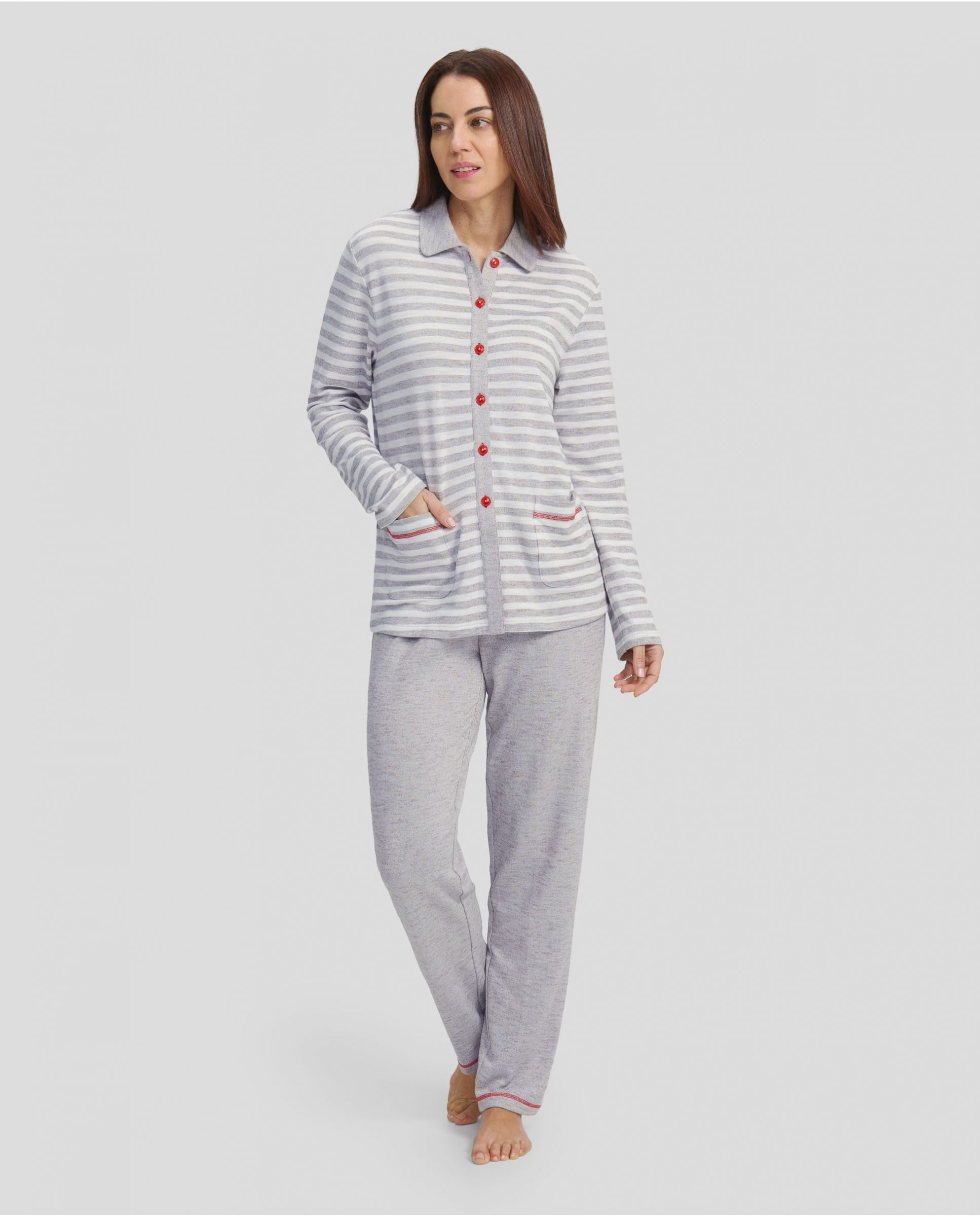 Women's winter pyjamas in grey striped open cardigan with contrasting red buttons and plaston pockets