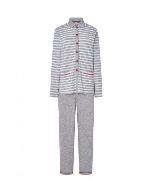 Women's long pyjamas, striped open jacket with contrasting buttons and plaston pockets, plain long trousers.