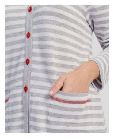 Detail view of striped open winter pyjama jacket with contrasting buttons and plaston pockets