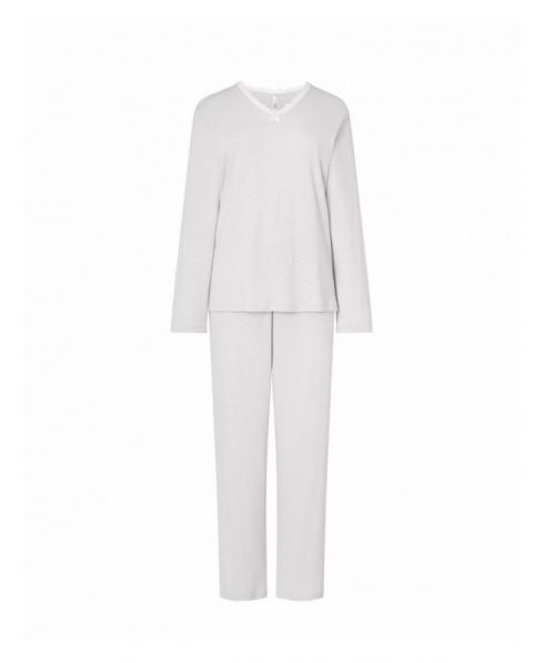 Women's long pyjamas ivory colour, jacquard jacket V-neck with lace, long jacquard trousers.