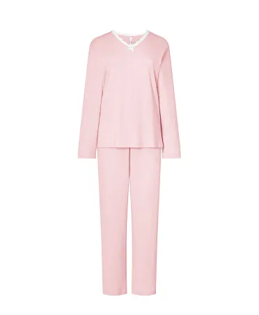 Women's long pyjamas pink jacquard jacket V-neck with lace trim, long jacquard trousers.