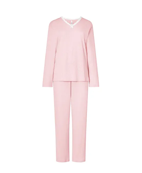 Women's long pyjamas pink jacquard jacket V-neck with lace trim, long jacquard trousers.