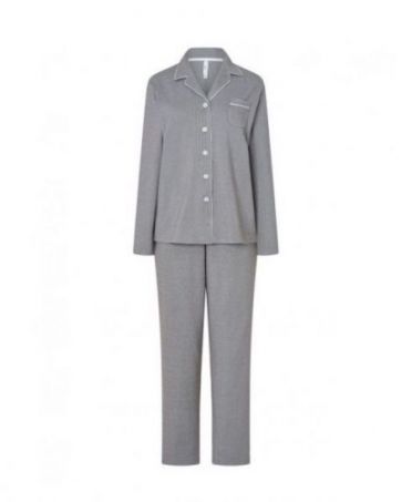 Women's long pyjamas, plain open jacket with buttons and decorative pocket, plain long trousers.